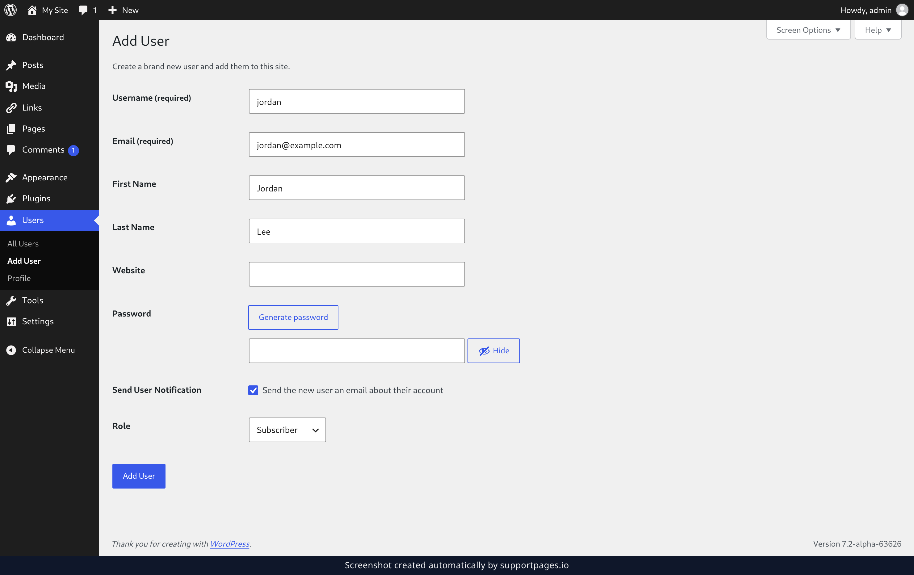 Open the Add User form and fill it in illustration