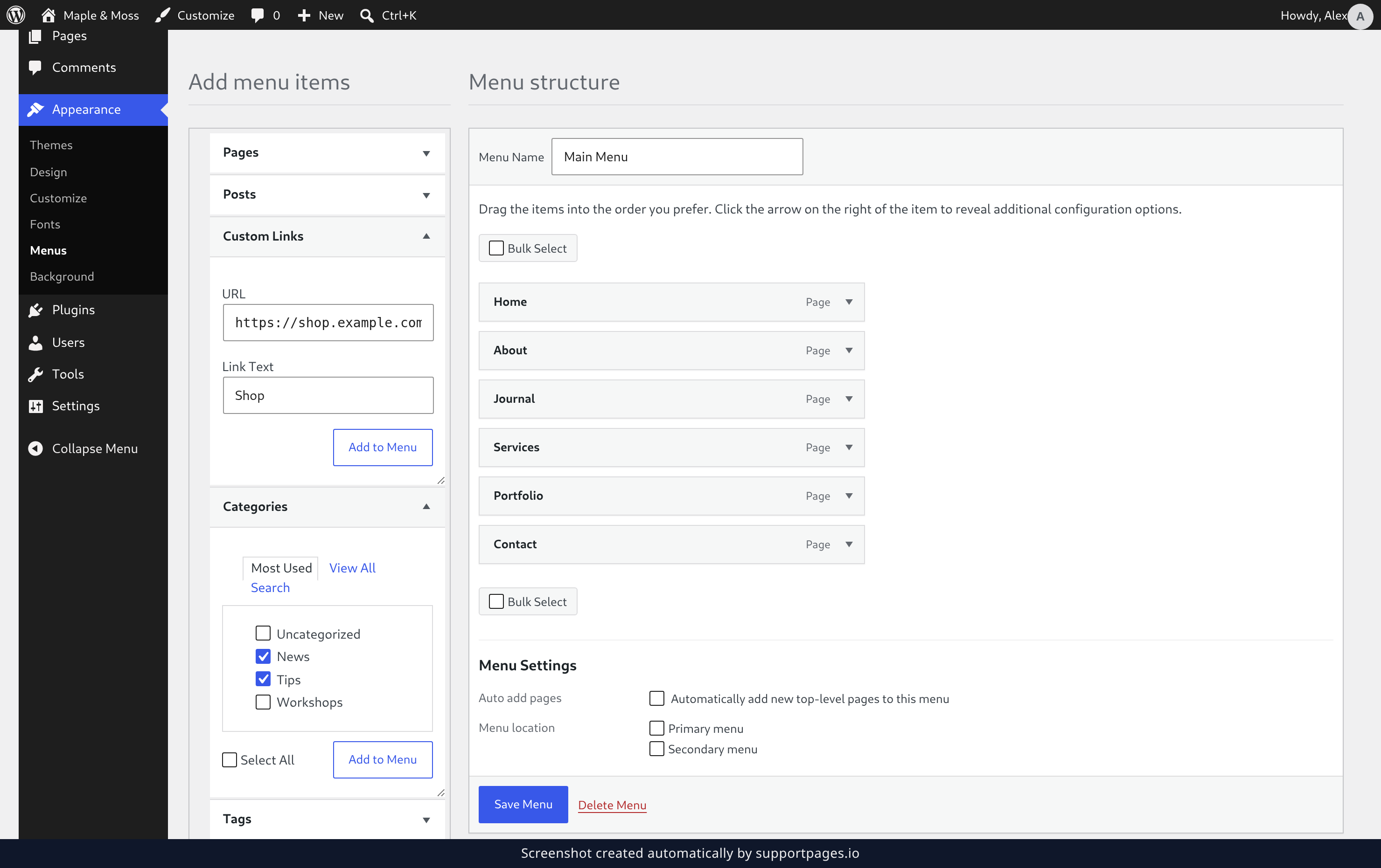 Add categories and custom links illustration