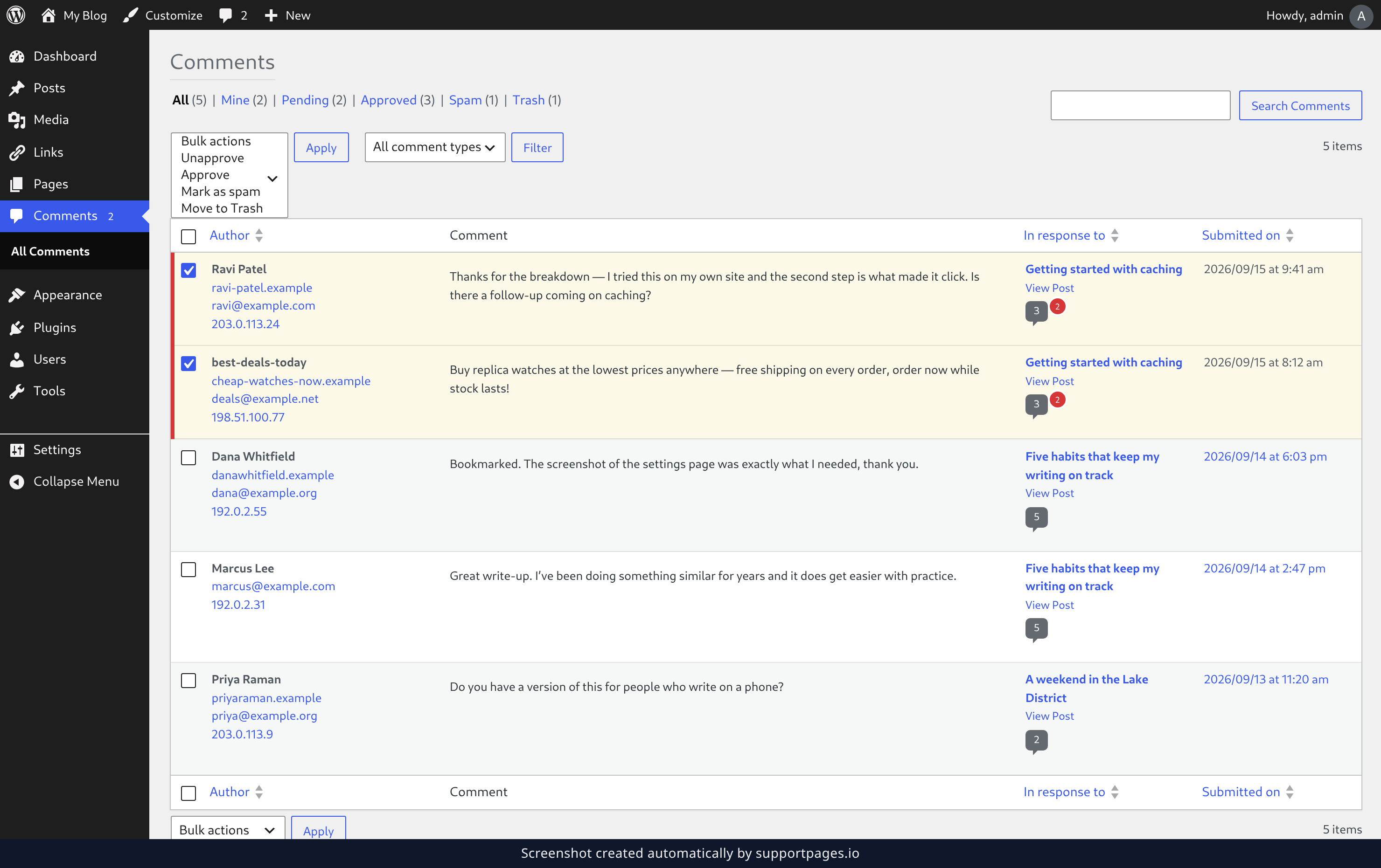 Mark several comments as spam at once illustration